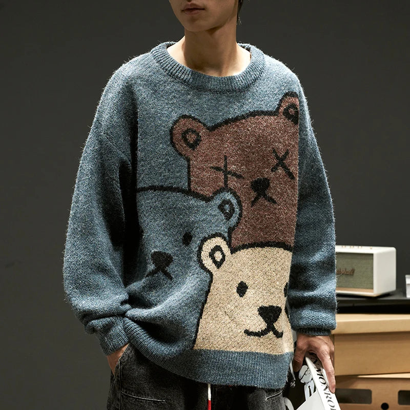 ZAZOMDE Cartoon Bear Sweater Men Winter Men Clothing Fashion Long Sleeve Knitted Pullover Sweater Oversized 2020 New Cotton Coat