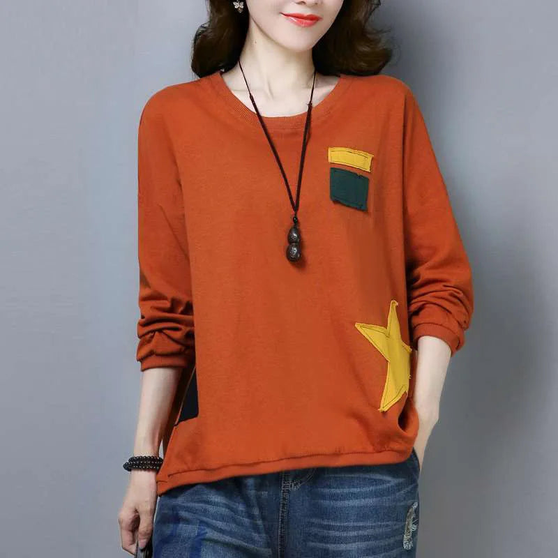 010 Spring Fall Women Loose T-Shirts Cotton Comfortable Skin-Friendly Casual All-Match Patchwork Fashion Female Long Sleeve Tops