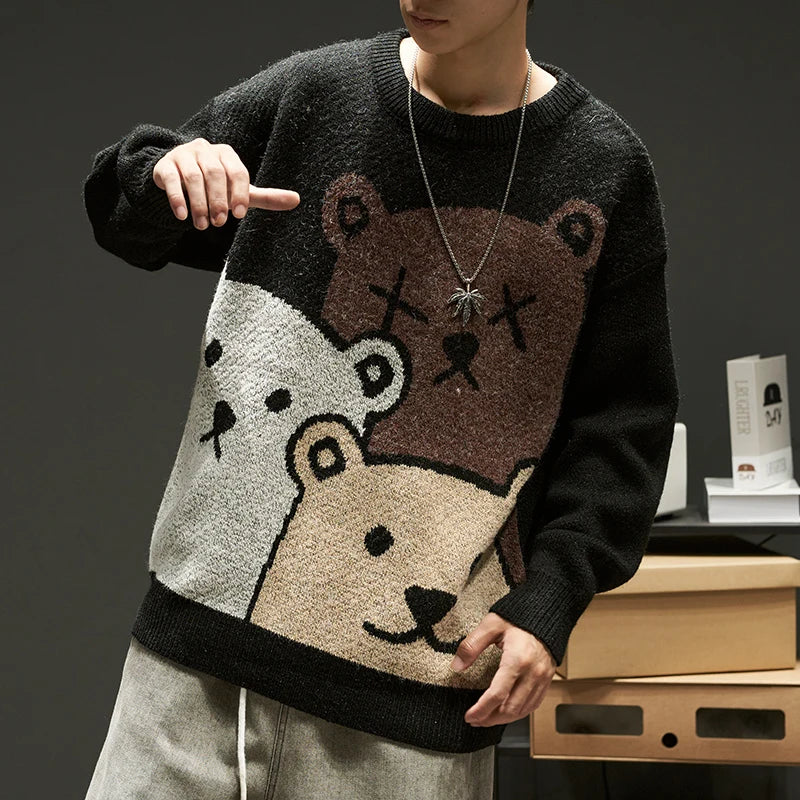 ZAZOMDE Cartoon Bear Sweater Men Winter Men Clothing Fashion Long Sleeve Knitted Pullover Sweater Oversized 2020 New Cotton Coat