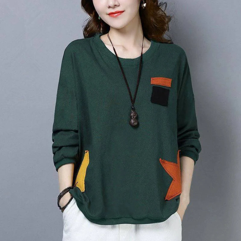 010 Spring Fall Women Loose T-Shirts Cotton Comfortable Skin-Friendly Casual All-Match Patchwork Fashion Female Long Sleeve Tops