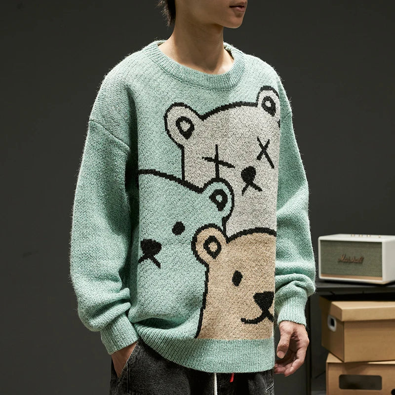 ZAZOMDE Cartoon Bear Sweater Men Winter Men Clothing Fashion Long Sleeve Knitted Pullover Sweater Oversized 2020 New Cotton Coat