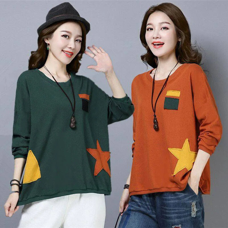 010 Spring Fall Women Loose T-Shirts Cotton Comfortable Skin-Friendly Casual All-Match Patchwork Fashion Female Long Sleeve Tops