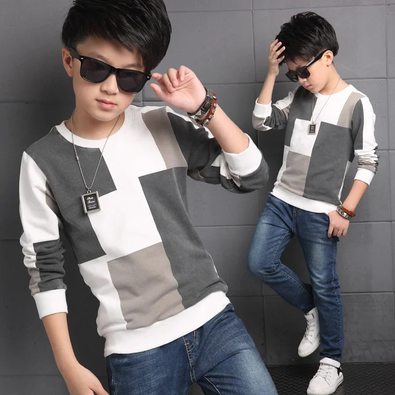 New Autumn T shirt for Boy Children Clothing Plaid Casual Teenager Long Sleeve Tops Kids Tees Clothes 7 8 9 10 11 12 13 14 Years