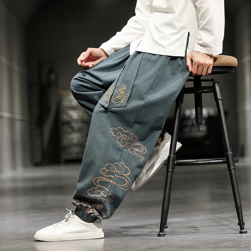 Chinese Style Retro Auspicious Clouds Print Pants Men Clothing Autumn Fashion Clothes Loose Casual Pants Plus Size Harem Pants