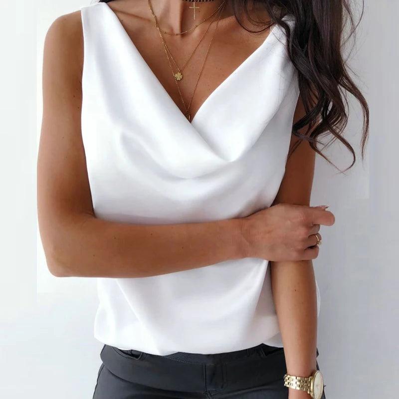 Silk Blouse Shirt Women Tops 2023 Summer High Quality Chain Halter Blouse Shirt Elegant Office Lady Basic Solid Sleeveless Blusa