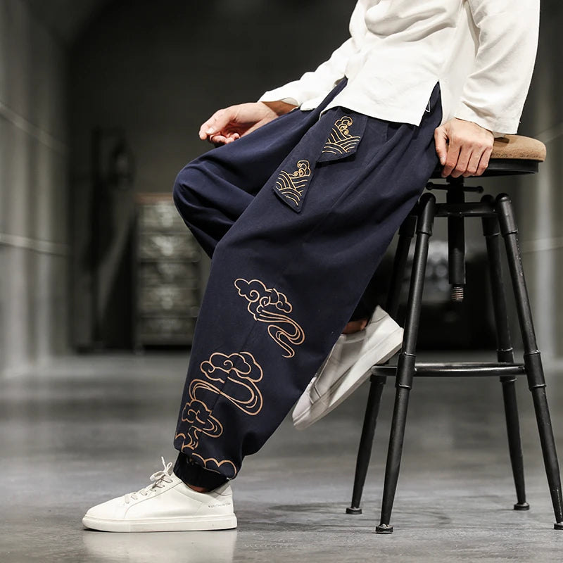 Chinese Style Retro Auspicious Clouds Print Pants Men Clothing Autumn Fashion Clothes Loose Casual Pants Plus Size Harem Pants