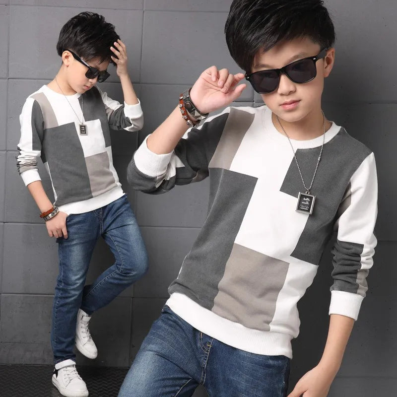 New Autumn T shirt for Boy Children Clothing Plaid Casual Teenager Long Sleeve Tops Kids Tees Clothes 7 8 9 10 11 12 13 14 Years