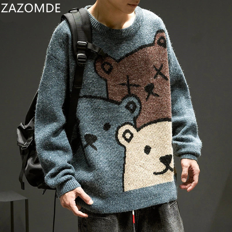 ZAZOMDE Cartoon Bear Sweater Men Winter Men Clothing Fashion Long Sleeve Knitted Pullover Sweater Oversized 2020 New Cotton Coat