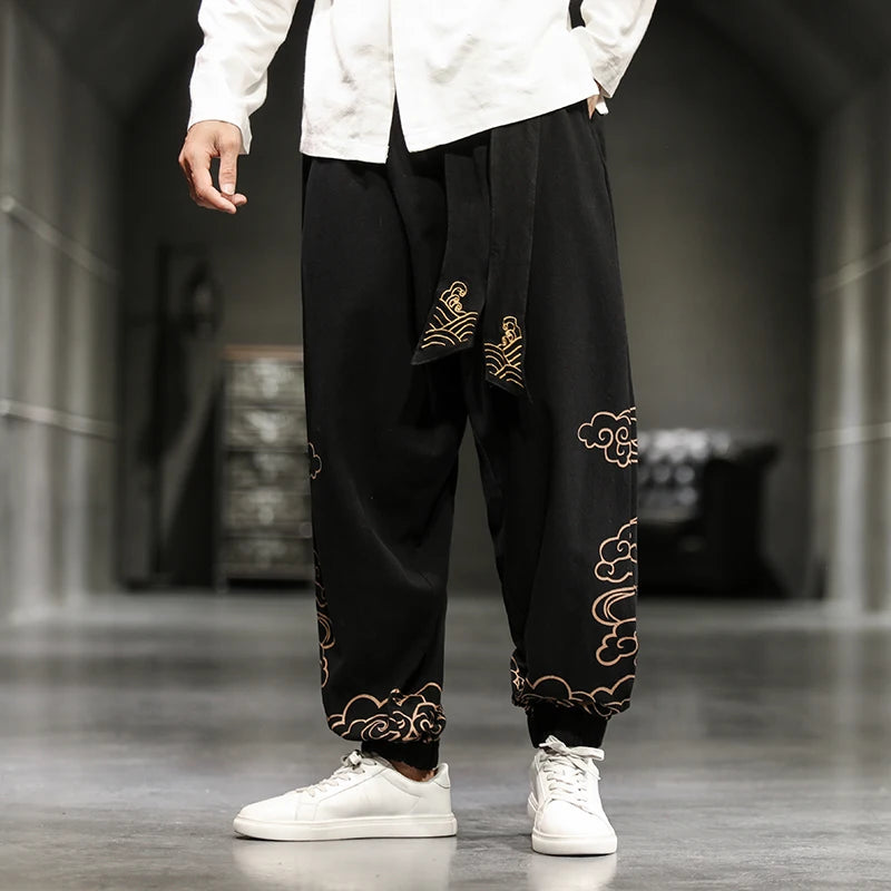 Chinese Style Retro Auspicious Clouds Print Pants Men Clothing Autumn Fashion Clothes Loose Casual Pants Plus Size Harem Pants