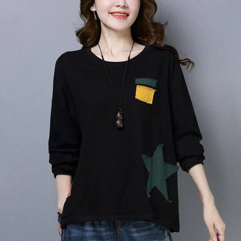 010 Spring Fall Women Loose T-Shirts Cotton Comfortable Skin-Friendly Casual All-Match Patchwork Fashion Female Long Sleeve Tops