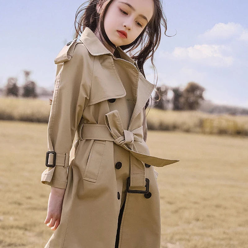 2024 Spring Autumn Cotton Teen Girls Long Trench Coats New Fashion England Style Windbreaker Jacket For Girls Children Clothing