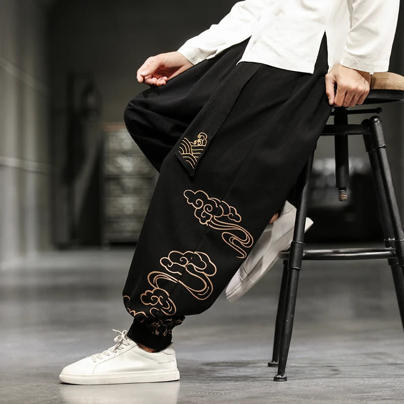 Chinese Style Retro Auspicious Clouds Print Pants Men Clothing Autumn Fashion Clothes Loose Casual Pants Plus Size Harem Pants