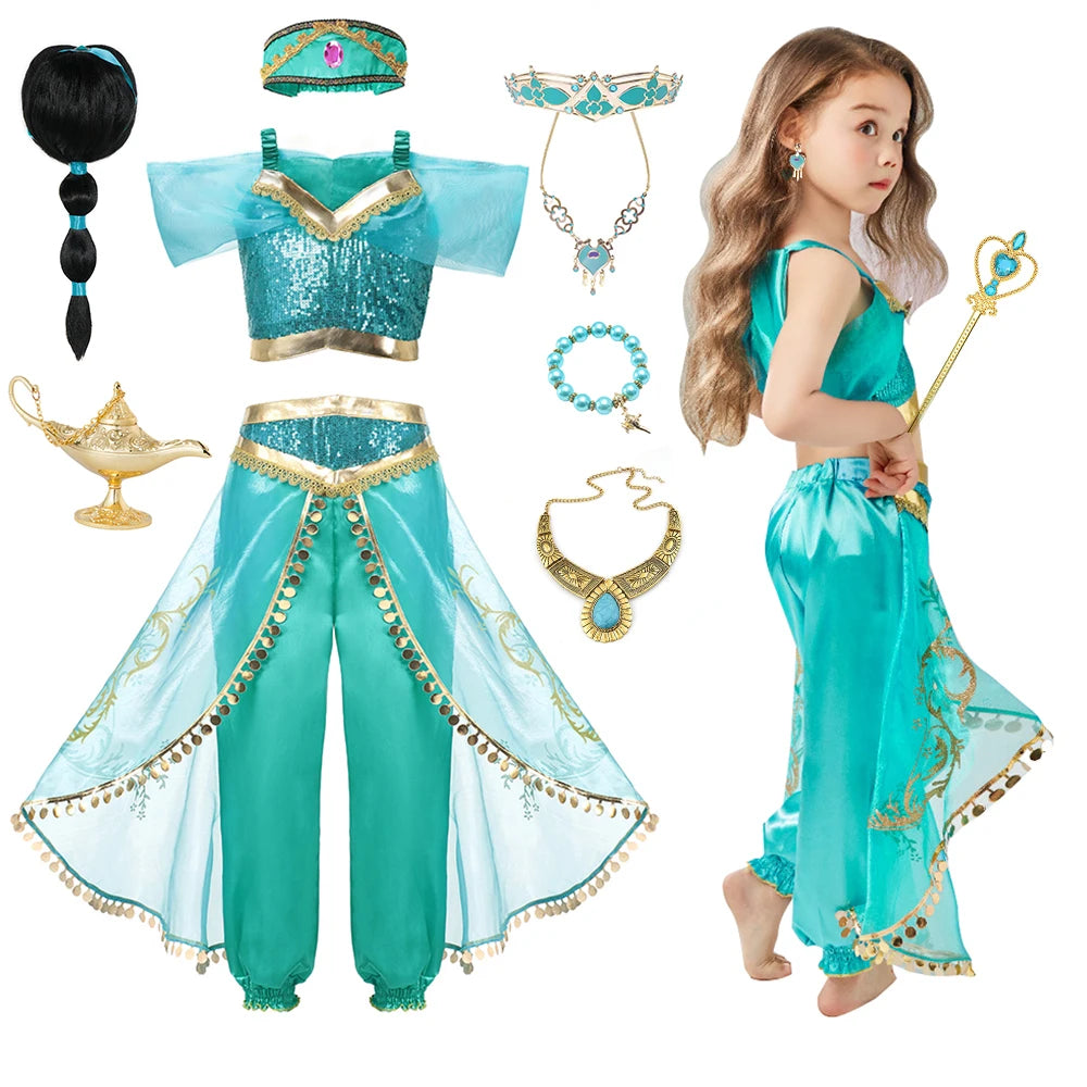 Disney Jasmine Costume For Girl Aladdin Princess Magic Lamp Pants Set Carnival Clothing Vestidos Halloween Party Cosplay Costume