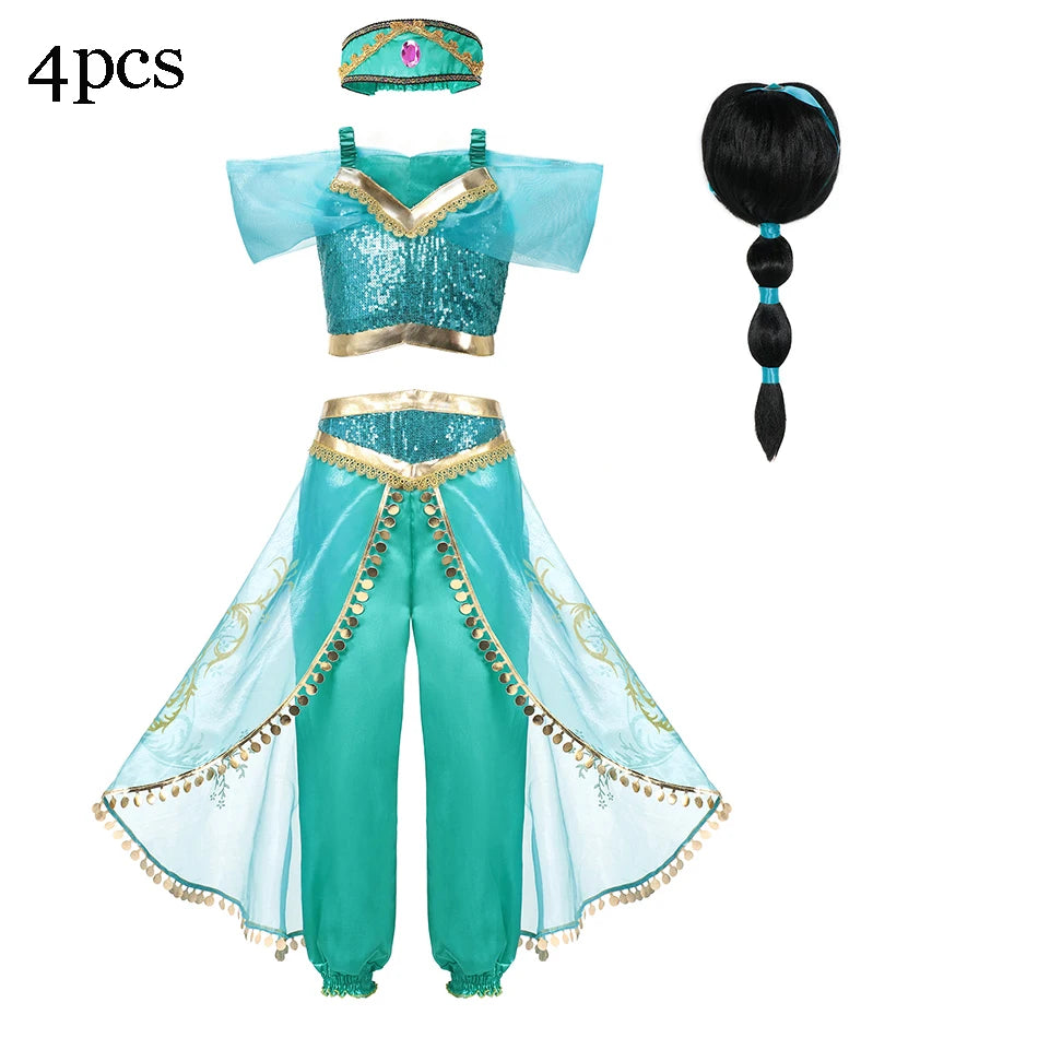 Disney Jasmine Costume For Girl Aladdin Princess Magic Lamp Pants Set Carnival Clothing Vestidos Halloween Party Cosplay Costume