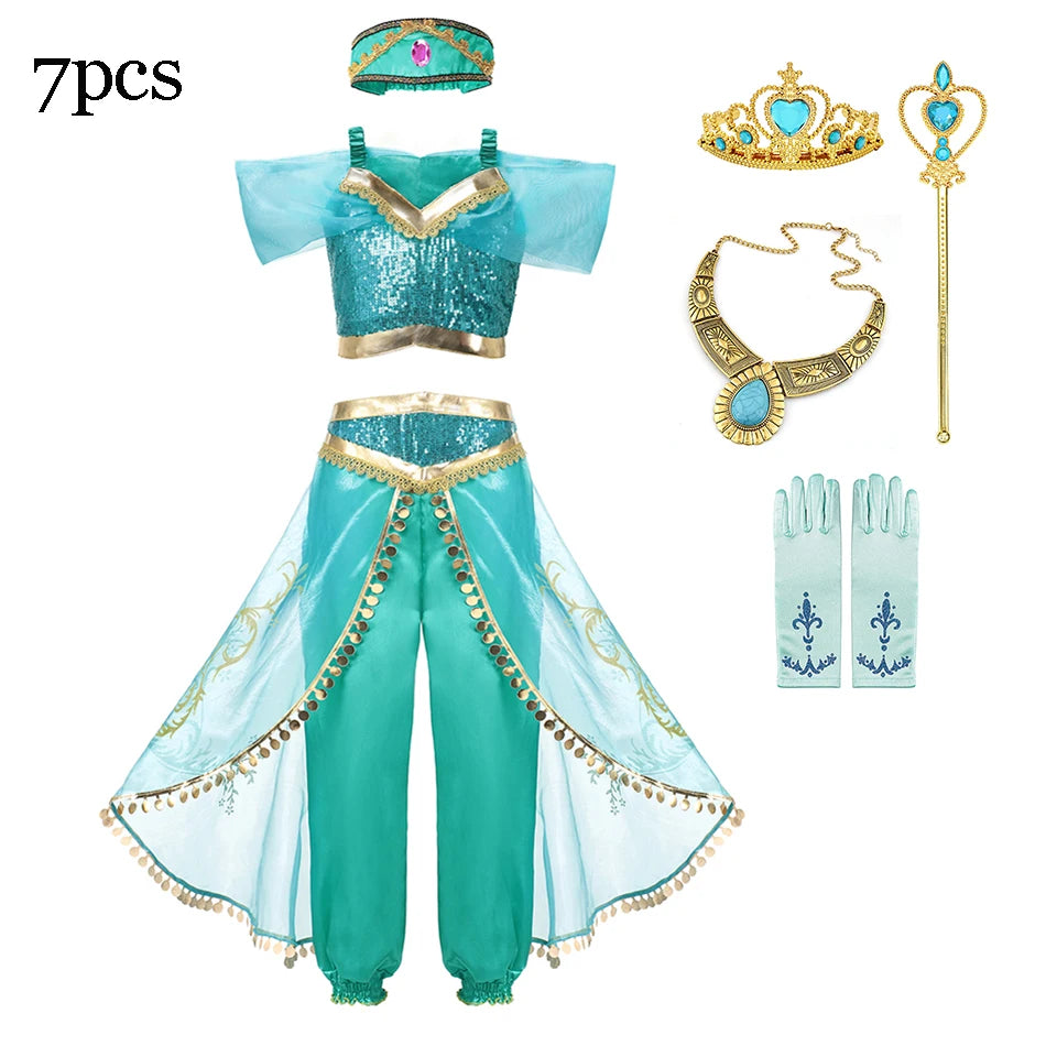 Disney Jasmine Costume For Girl Aladdin Princess Magic Lamp Pants Set Carnival Clothing Vestidos Halloween Party Cosplay Costume