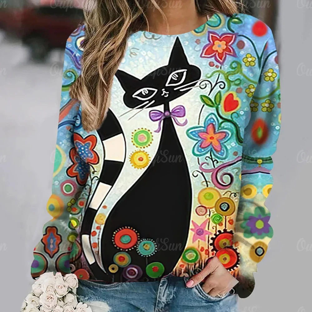 Women's T-Shirt Anime Cat Print Long Sleeve Tops Vintage Sweater Cotton O-Neck Y2k Ladies Clothing Oversized Street Pullover