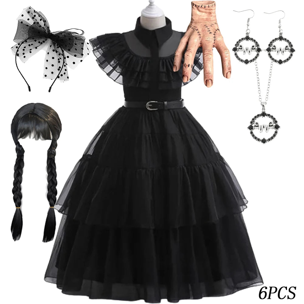 Wednesday Merlina Addams Dresses For Girls A-line Skirts  Gown Dress Carnival Party Clothing For Kids 2024 Costumes For Girls