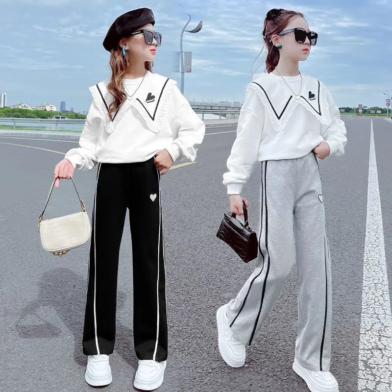 Junior Girls Clothing Spring and Autumn Suit Thin Kid Korean Fashion Flap Collar  T-shirt Sports Trousers 2 Piece Set  3-15Y