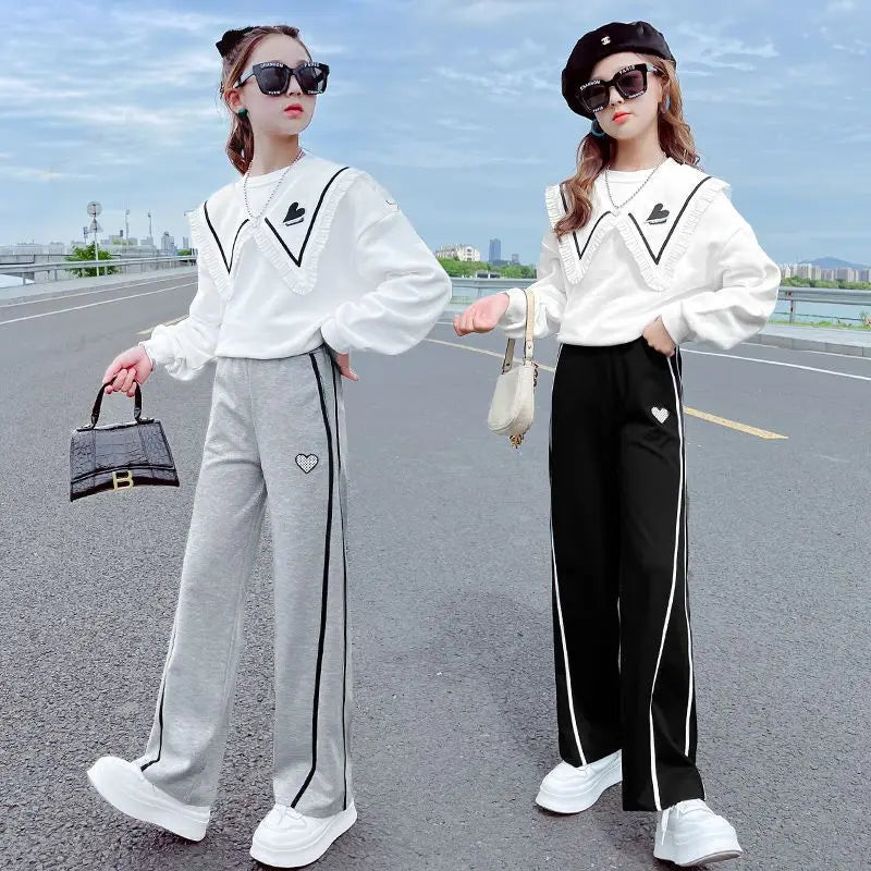 Junior Girls Clothing Spring and Autumn Suit Thin Kid Korean Fashion Flap Collar  T-shirt Sports Trousers 2 Piece Set  3-15Y