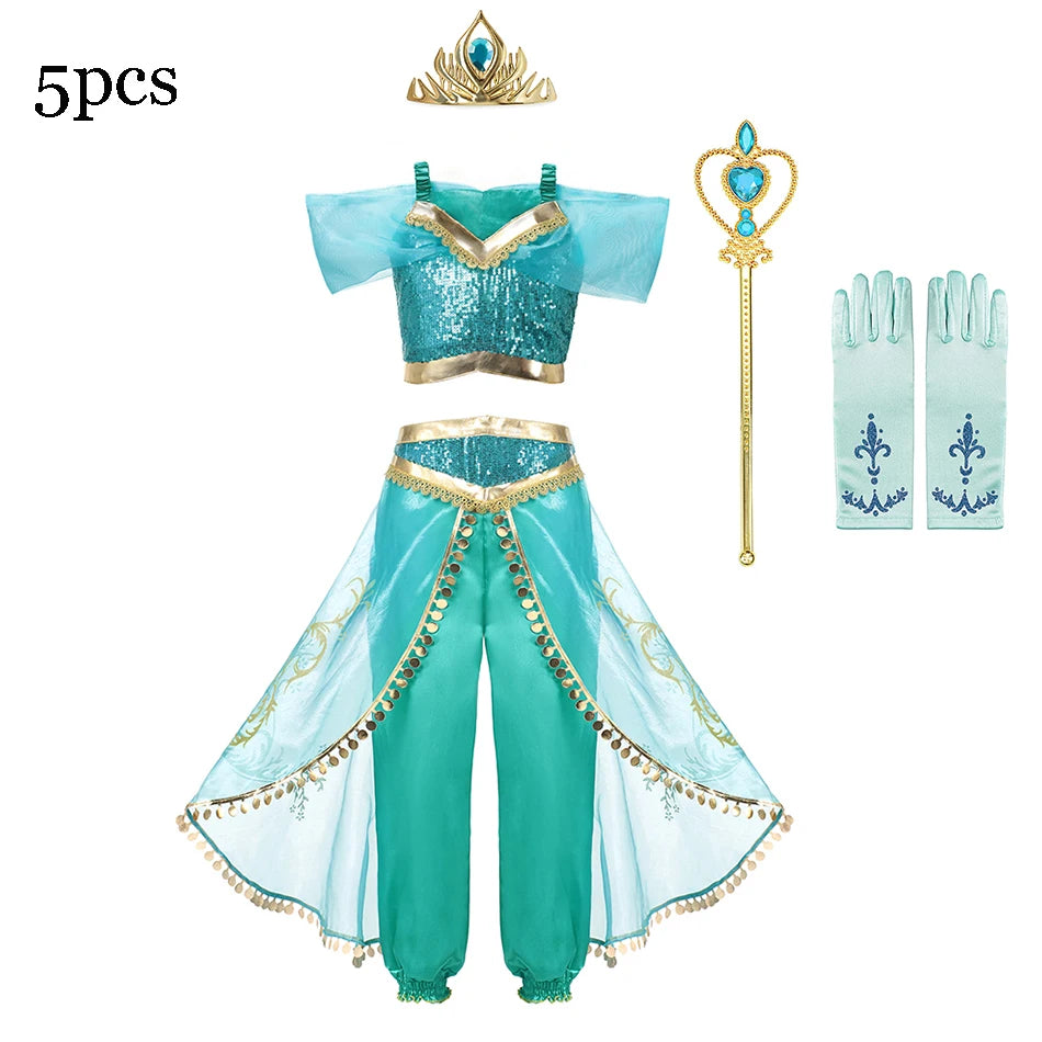 Disney Jasmine Costume For Girl Aladdin Princess Magic Lamp Pants Set Carnival Clothing Vestidos Halloween Party Cosplay Costume