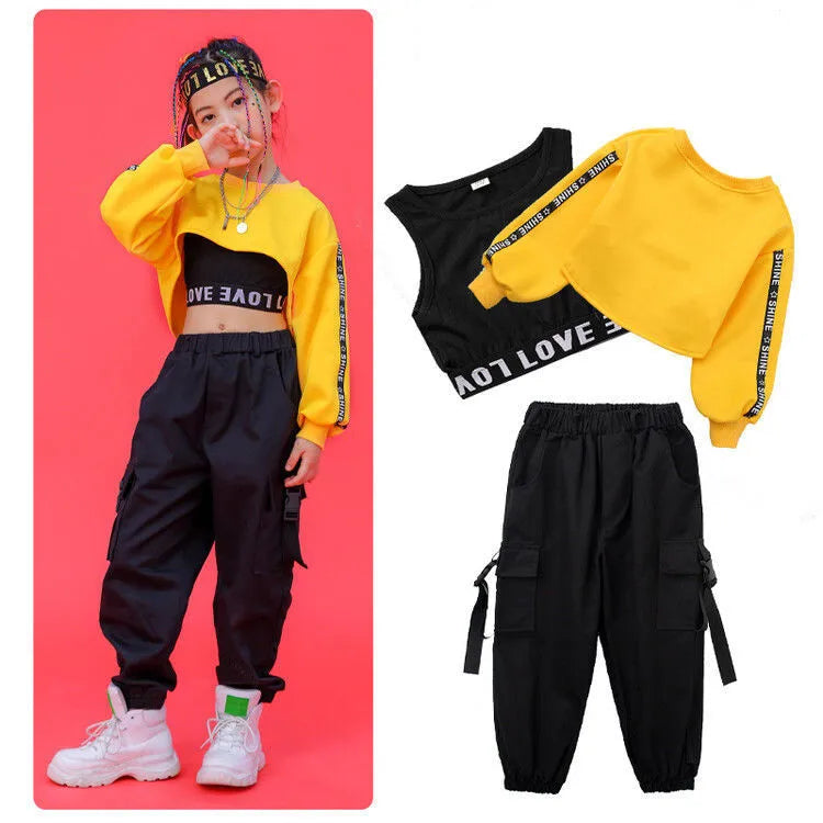 Children Hip Hop Clothing Sets Sweatshirt Black Vest Crop Top Cargo Pants for Girls Jazz Dance Costume School Dancing Tracksuits