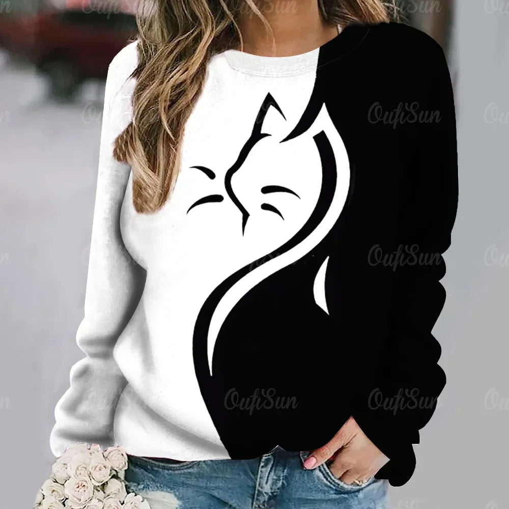 Women's T-Shirt Anime Cat Print Long Sleeve Tops Vintage Sweater Cotton O-Neck Y2k Ladies Clothing Oversized Street Pullover