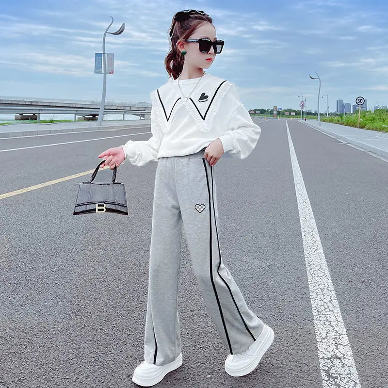 Junior Girls Clothing Spring and Autumn Suit Thin Kid Korean Fashion Flap Collar  T-shirt Sports Trousers 2 Piece Set  3-15Y