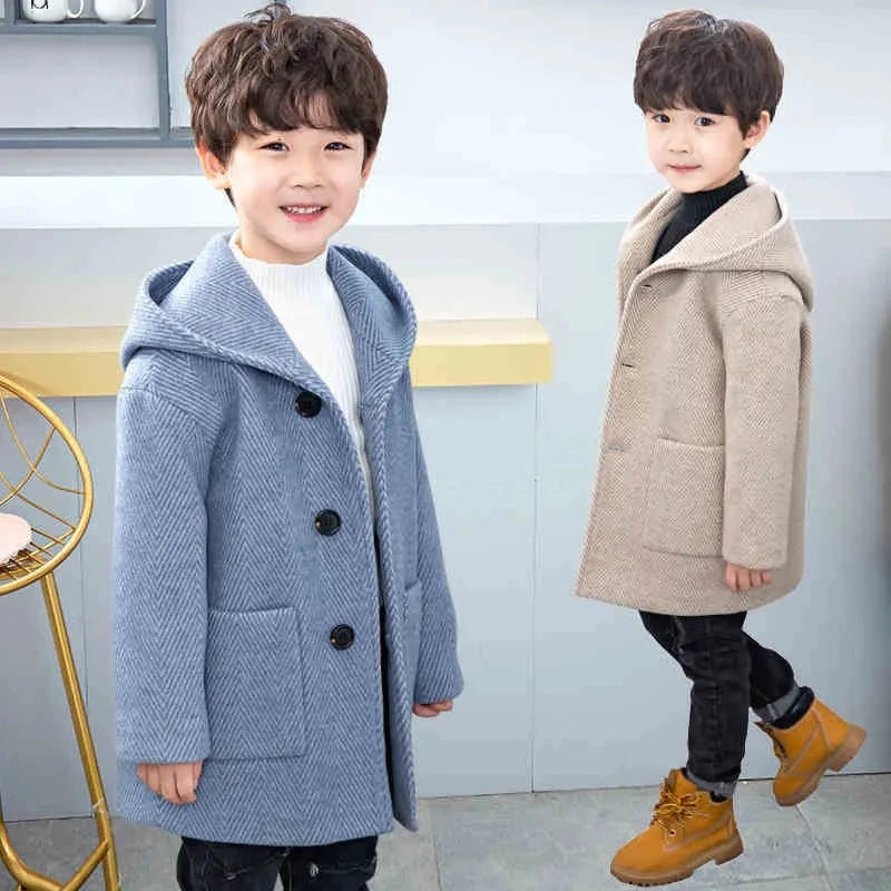 Winter Woolen Jacket For Boy New 2023 Korean Version Fashion Thickening Handsome Mid-Length Keep Warm Casual Children's Clothing