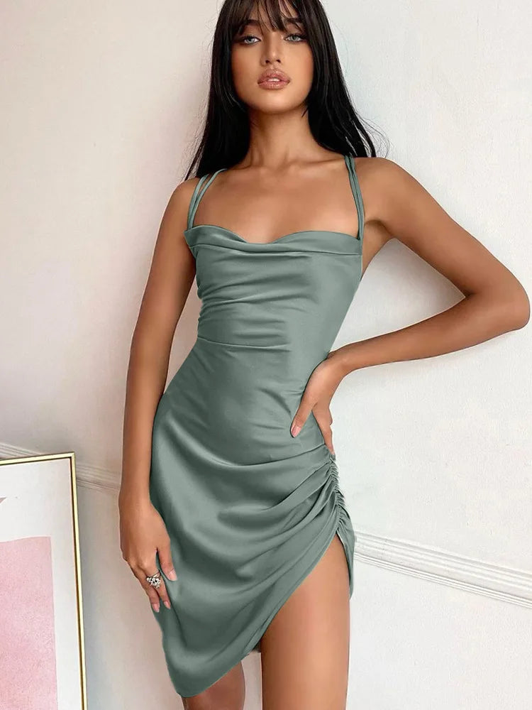 Dulzura Satin Women Strap Mini Dress Ruched Lace Up Cross Bandage Backless Bodycon Sexy Party Elegant 2023 Club Christmas Slim