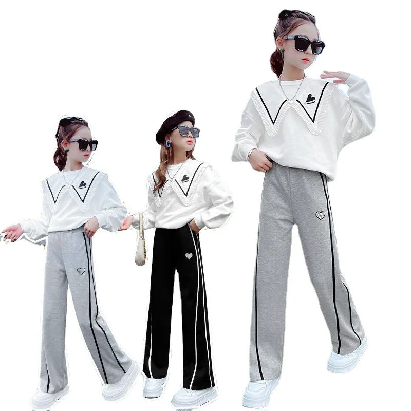 Junior Girls Clothing Spring and Autumn Suit Thin Kid Korean Fashion Flap Collar  T-shirt Sports Trousers 2 Piece Set  3-15Y