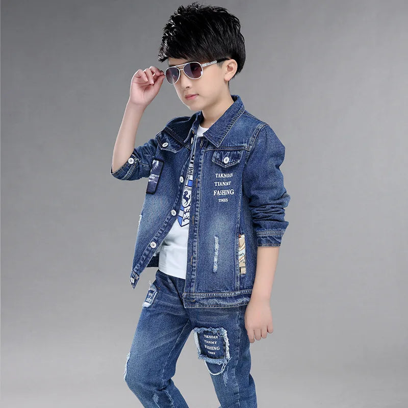 Fashion Teenage Boys Denim Clothes Set Autumn Children Jeans Coat and Pants Autumn Baby Boys Cotton Sport Suits 10 12 Years New