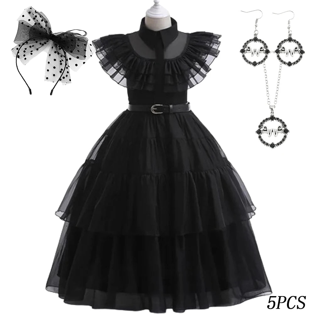 Wednesday Merlina Addams Dresses For Girls A-line Skirts  Gown Dress Carnival Party Clothing For Kids 2024 Costumes For Girls