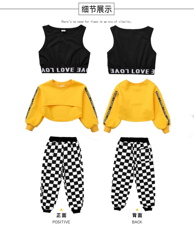 Children Hip Hop Clothing Sets Sweatshirt Black Vest Crop Top Cargo Pants for Girls Jazz Dance Costume School Dancing Tracksuits