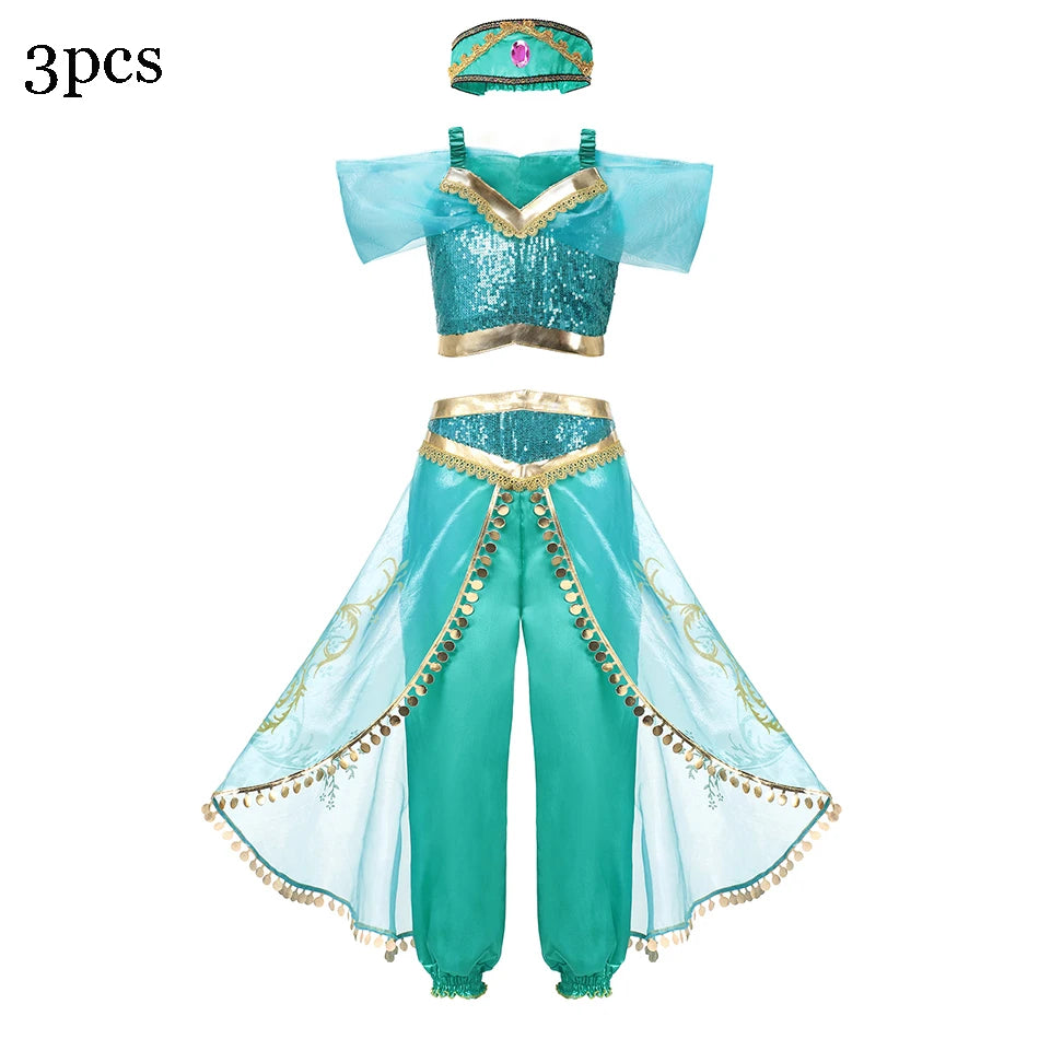 Disney Jasmine Costume For Girl Aladdin Princess Magic Lamp Pants Set Carnival Clothing Vestidos Halloween Party Cosplay Costume