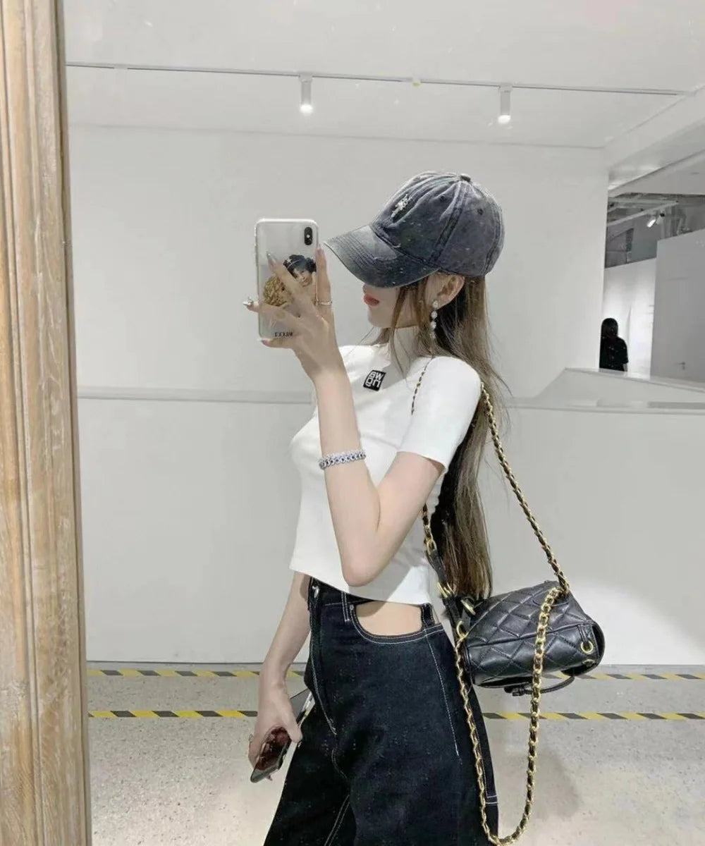 Letter Wang Fashion Design Stand Collar Letterss Knitted Short Sleeve Top Tight Bottomed T-Shirt 2023 Spring And Summer