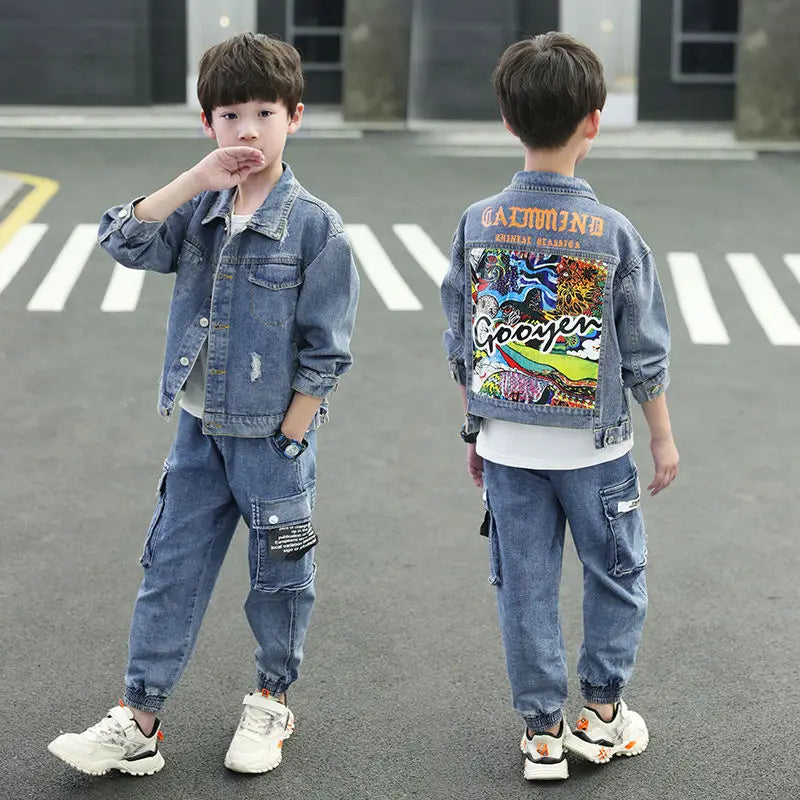 2023 Kids Clothes Boys Hoodies + Jeans Clothes For Boys Patchwork Outfit For Boys Casual Style Childrens Clothing 6 8 10 12 14