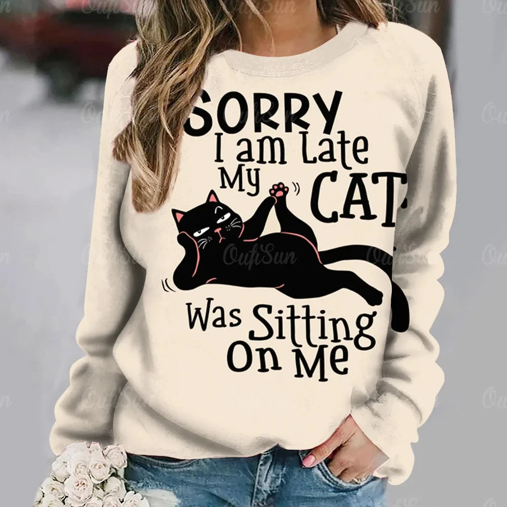 Women's T-Shirt Anime Cat Print Long Sleeve Tops Vintage Sweater Cotton O-Neck Y2k Ladies Clothing Oversized Street Pullover