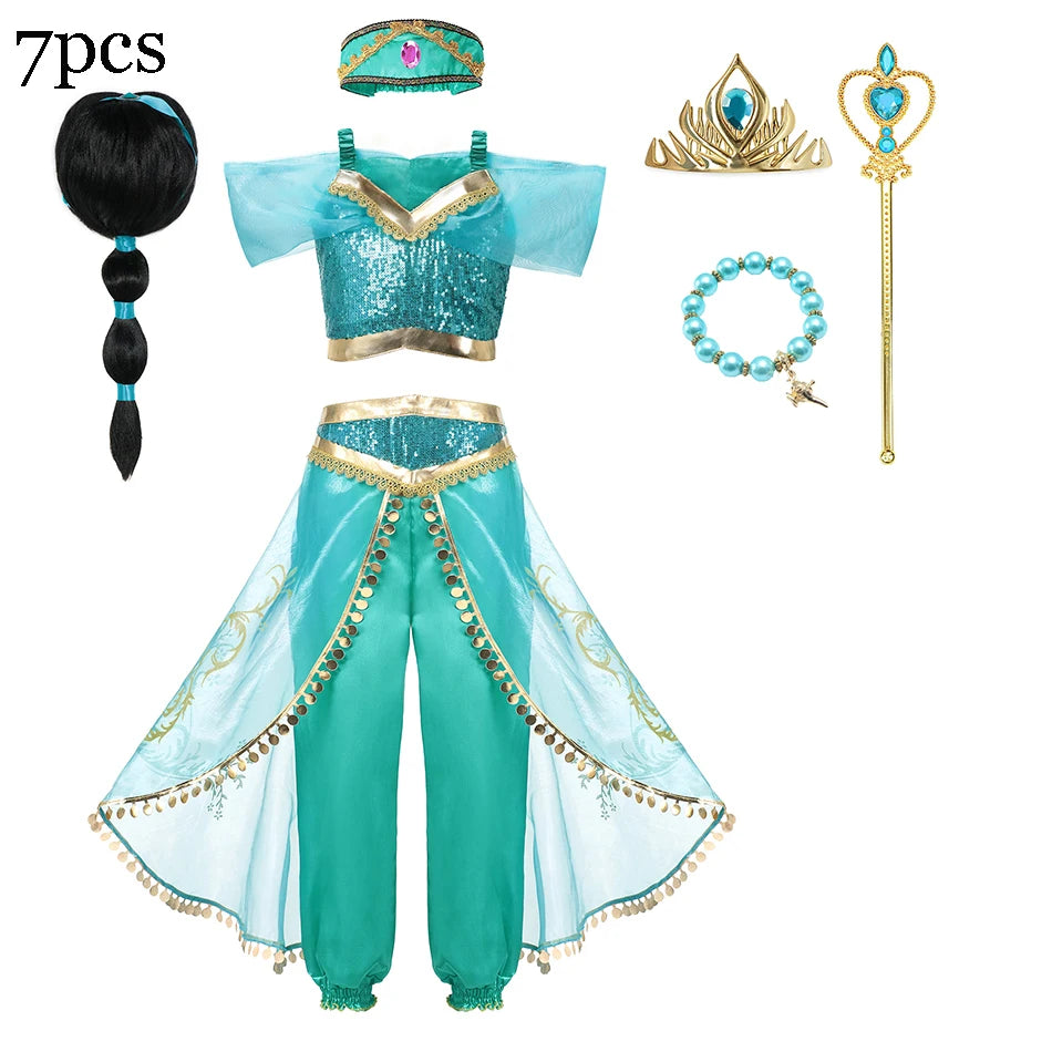 Disney Jasmine Costume For Girl Aladdin Princess Magic Lamp Pants Set Carnival Clothing Vestidos Halloween Party Cosplay Costume