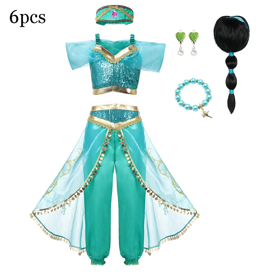 Disney Jasmine Costume For Girl Aladdin Princess Magic Lamp Pants Set Carnival Clothing Vestidos Halloween Party Cosplay Costume