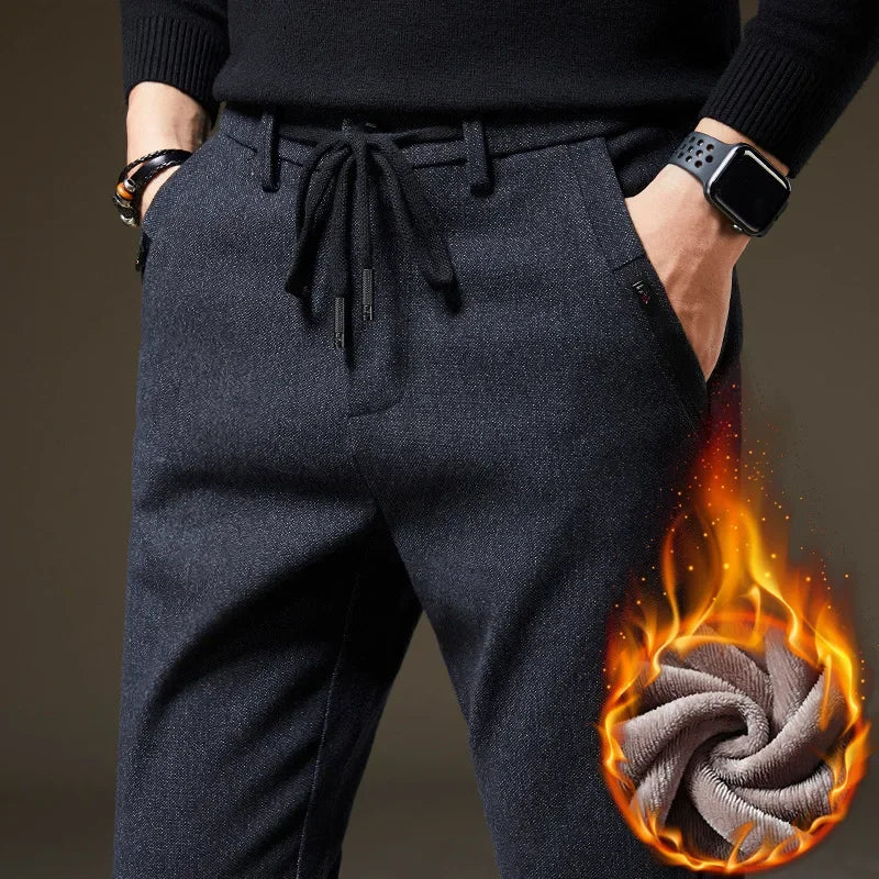 Men's Winter Fleece Warm Casual Pants Classic Style Thick Cotton Straight-leg Trousers Male Brand Men Clothing