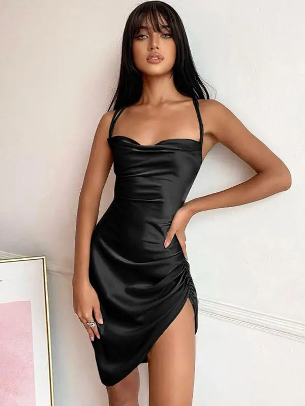 Dulzura Satin Women Strap Mini Dress Ruched Lace Up Cross Bandage Backless Bodycon Sexy Party Elegant 2023 Club Christmas Slim