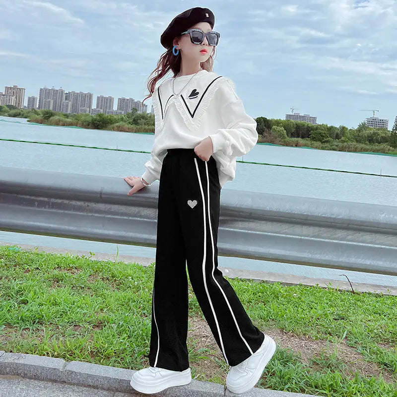 Junior Girls Clothing Spring and Autumn Suit Thin Kid Korean Fashion Flap Collar  T-shirt Sports Trousers 2 Piece Set  3-15Y