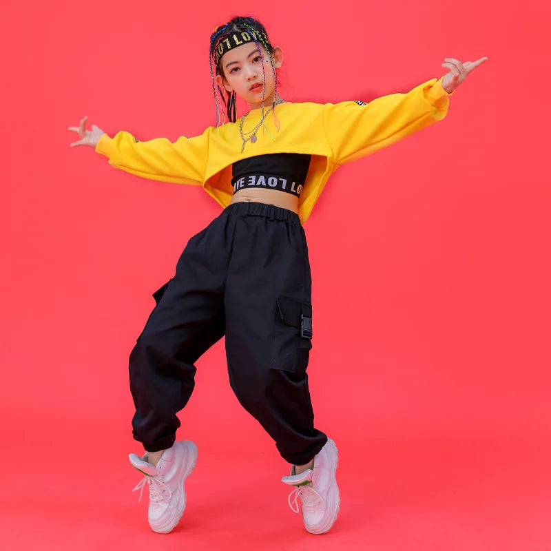 Children Hip Hop Clothing Sets Sweatshirt Black Vest Crop Top Cargo Pants for Girls Jazz Dance Costume School Dancing Tracksuits