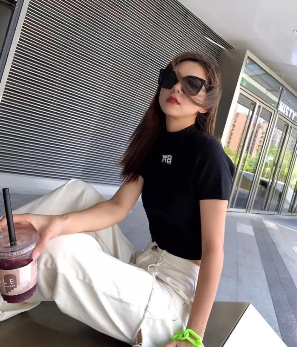 Letter Wang Fashion Design Stand Collar Letterss Knitted Short Sleeve Top Tight Bottomed T-Shirt 2023 Spring And Summer