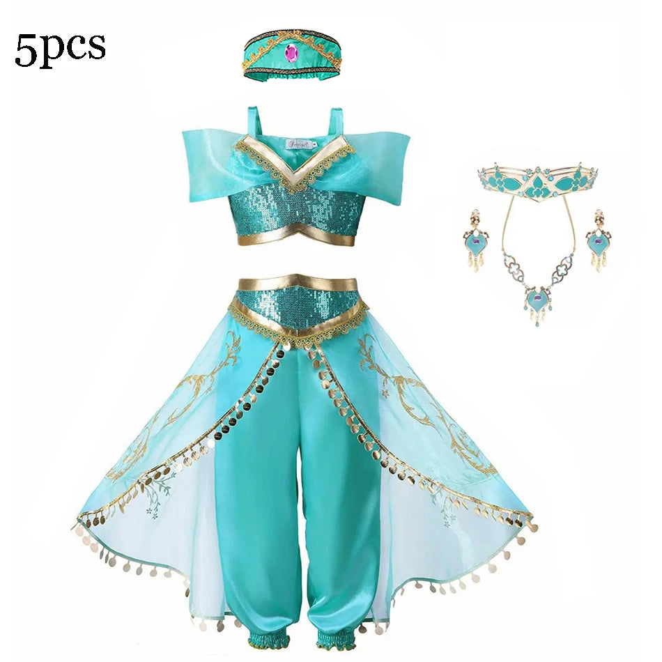 Disney Jasmine Costume For Girl Aladdin Princess Magic Lamp Pants Set Carnival Clothing Vestidos Halloween Party Cosplay Costume