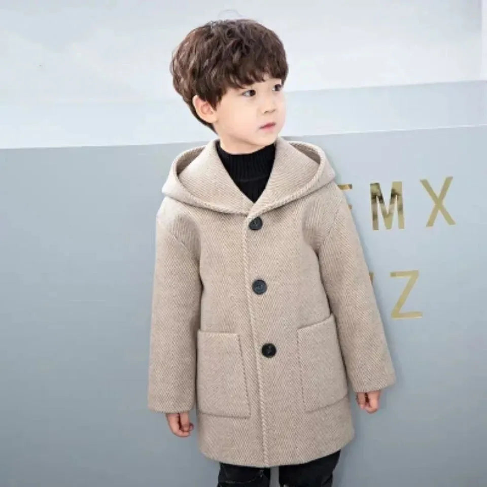 Winter Woolen Jacket For Boy New 2023 Korean Version Fashion Thickening Handsome Mid-Length Keep Warm Casual Children's Clothing