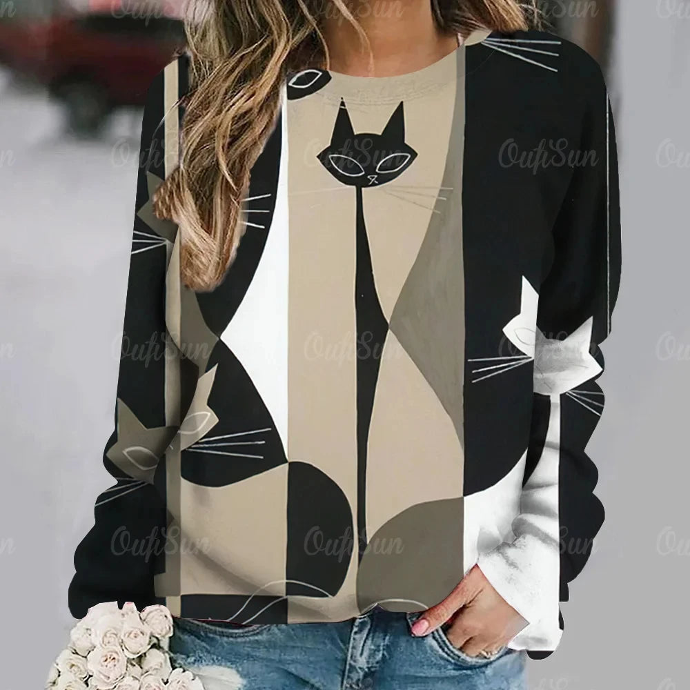 Women's T-Shirt Anime Cat Print Long Sleeve Tops Vintage Sweater Cotton O-Neck Y2k Ladies Clothing Oversized Street Pullover