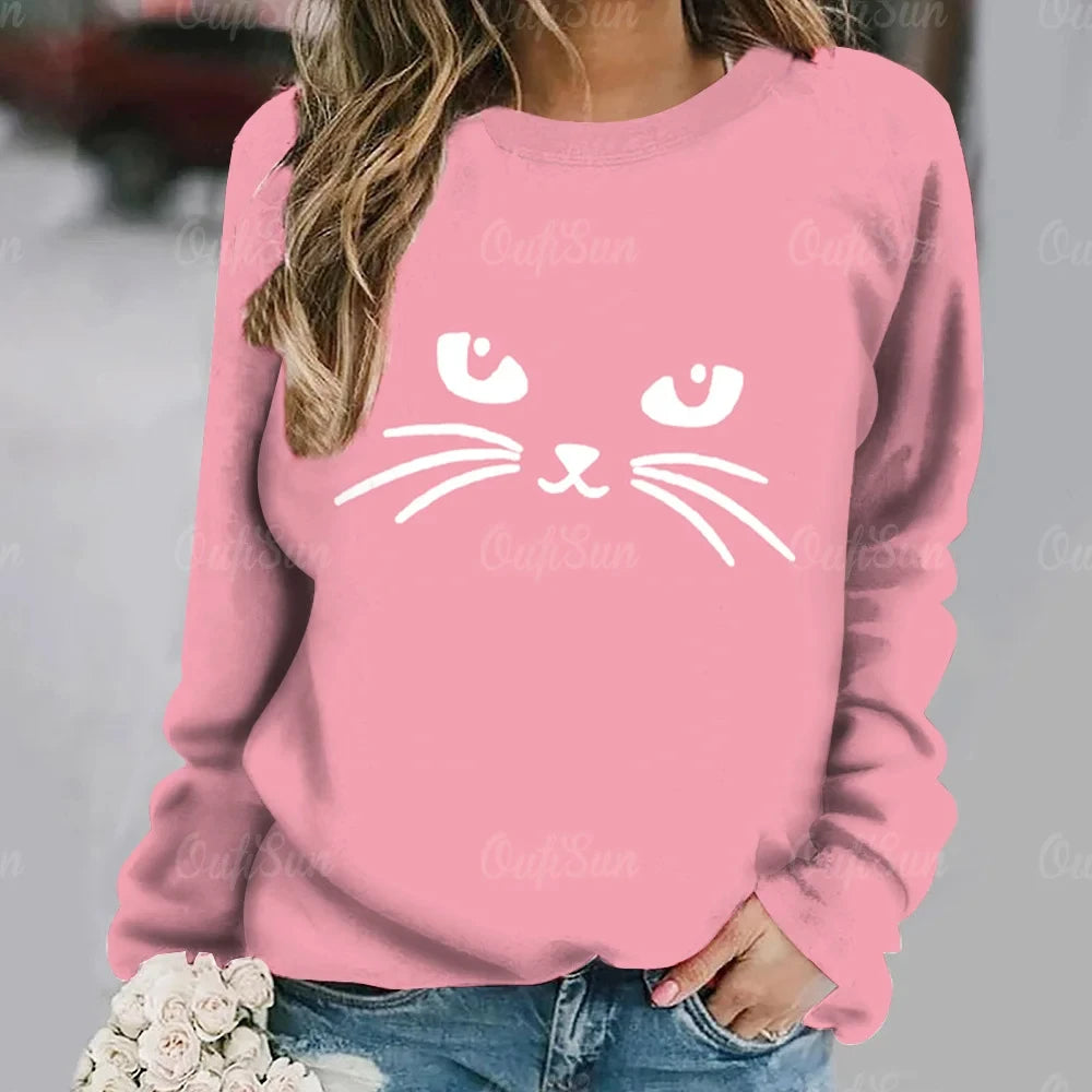 Women's T-Shirt Anime Cat Print Long Sleeve Tops Vintage Sweater Cotton O-Neck Y2k Ladies Clothing Oversized Street Pullover